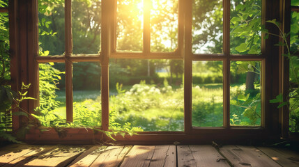 A wooden window frame overlooking a peaceful meadow