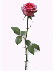 Fototapeta premium A beautiful pink rose with green leaves against a serene white backdrop