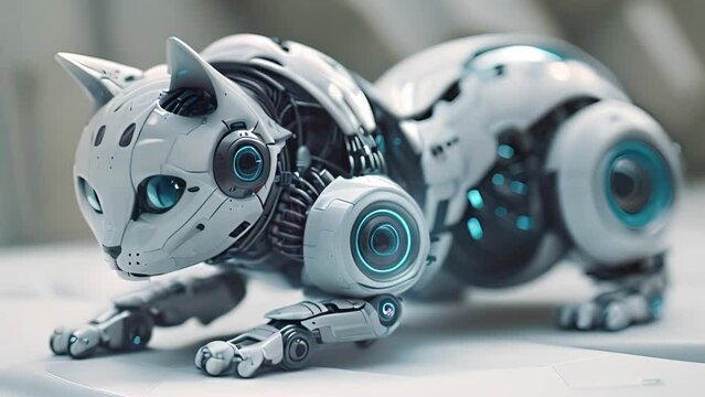 This robot cat perched on a laptop computer. Robot Cat Sitting on Top of a Laptop