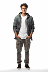 Fototapeta premium Young guy casual look in grey hoodie white tee shirt and kaki cargo pants standing front view hands in pockets smiling and relaxed. White background