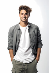 Young handsome man in casual clothes, white t shirt, grey open shirt and kaki trousers smiling hands in pockets front view white background