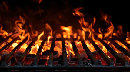 Hot flames and glowing charcoal under a grill. Perfect for BBQ themes. Represents cooking and heat. Ideal for culinary purposes and summer vibes. AI