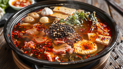 A bowl of spicy Sichuan hot pot, with a variety of meats, vegetables, and tofu cooked in a flavorful broth seasoned with chili peppers, Sichuan peppercorns, and spices.