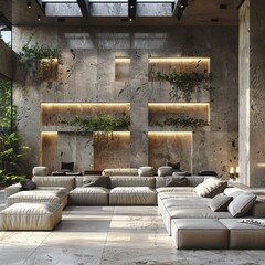 Living room with large window, black couch, cozy and bright