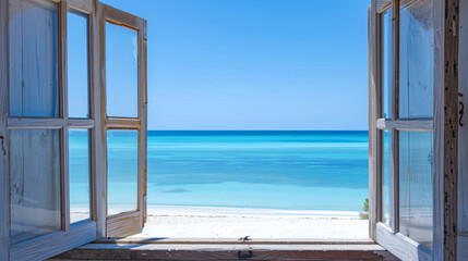 A wooden window frame overlooking the sea