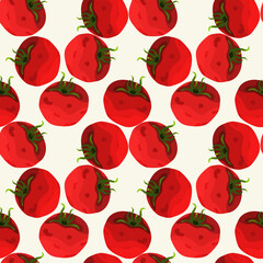 Seamless pattern, background with ripe red juicy tomatoes. Red tomato, cherry tomato. For textiles, illustrations, packaging paper, textiles, printing about natural vitamins, healthy eating, immunity