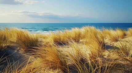 A natural landscape of tall grass stretching towards the horizon with the ocean in the background. Clouds float in the sky above the fluid water AIG50