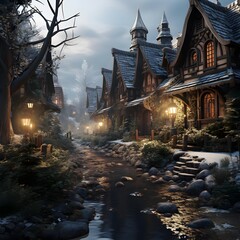 Houses in a winter forest with a river and lighted lanterns