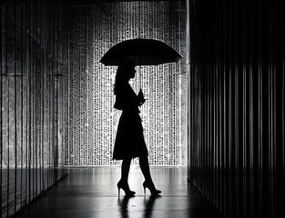 Silhouette of Seduction: An Erotic Woman with an Umbrella in a Monochrome Tunnel