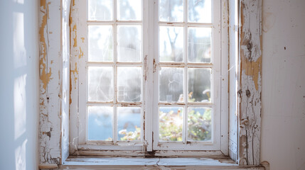 An aged wooden window frame bathed in natural light