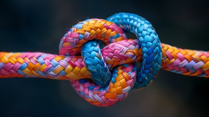 intricate knot tied between two colorful ropes. The ropes are woven in a braided pattern and come in a spectrum of colors including orange, blue, pink, and purple