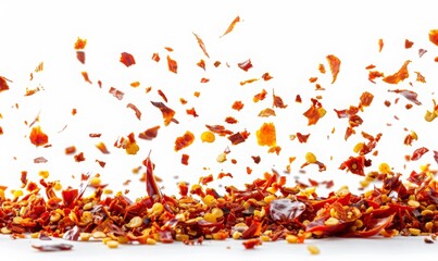 chili flakes float flying in the air on the white background.