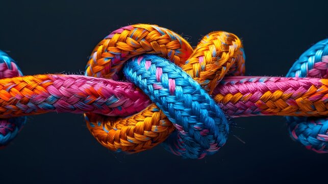 intricate knot tied between two colorful ropes. The ropes are woven in a braided pattern and come in a spectrum of colors including orange, blue, pink, and purple