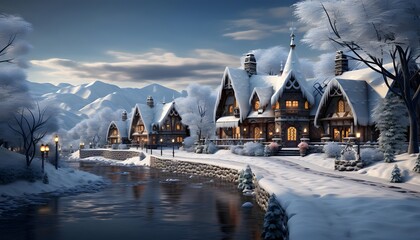 Winter panorama of a small village in the Ukrainian Carpathians