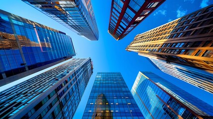 Dynamic cityscape view of modern skyscrapers stretching into a bright blue sky. Contemporary urban architecture. Ideal for commercial use and business concepts. AI