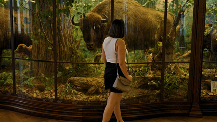 Young beautiful hispanic woman visiting natural history exhibition at Natural History Museum in...