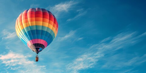 Naklejka premium Vibrant Rainbow Hot Air Balloon Soaring in Clear Sky with Negative Space for Text