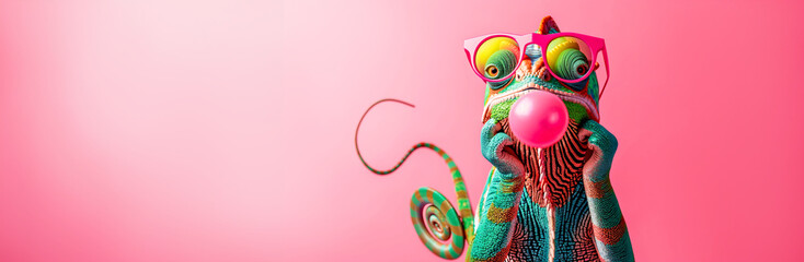 Colorful Chameleon in Sunglasses Blowing Bubble Gum. Fun and Vibrant Concept for Creative Designs