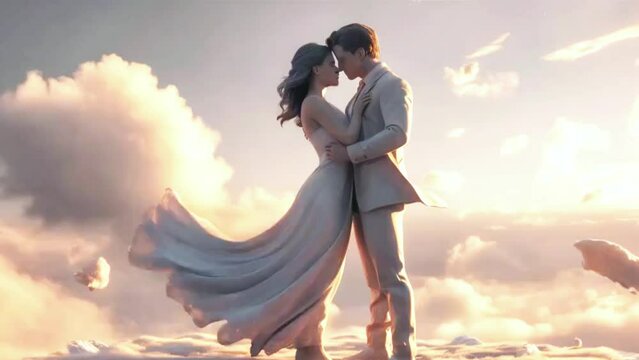 A stunning, cinematic 3D render of a romantic couple in love, captured in a serene moment, The couple is standing on a floating platform.