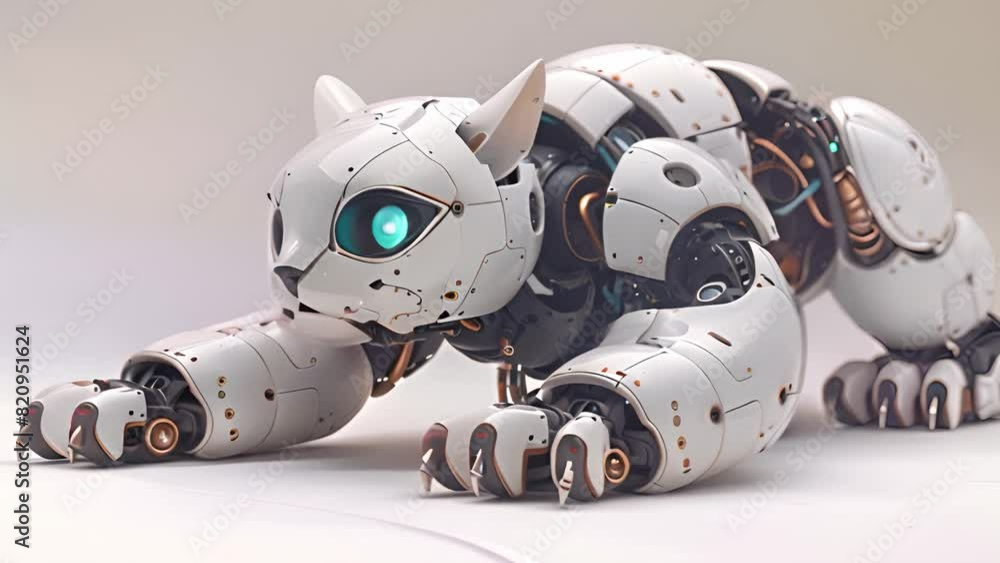 Poster this white robot with blue eyes resting on a white surface. white robot with blue eyes laying on whi