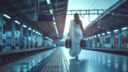 Fototapeta na wymiar An Indian woman carrying luggage while walking along the platform