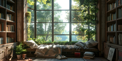 Living room with biophilic design and wooden furniture Large windows