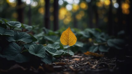 A single yellow leaf on the ground in the middle of the forest - Powered by Adobe
