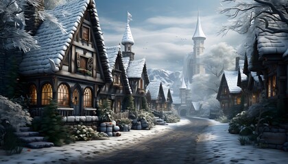 Winter in the village. Panoramic image of a winter village