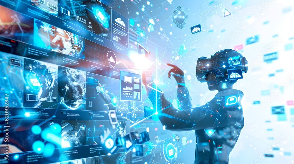 Poster person using virtual reality technology to interact with digital interface. futuristic virtual world