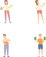 Financial literacy icons set cartoon vector. Youngster learning basic of saving. Saving money
