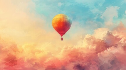 Fototapeta premium Embrace the tranquility of a hot air balloon drifting above in Worms-eye view Create a serene watercolor dream with pastel skies and delicate brushstrokes