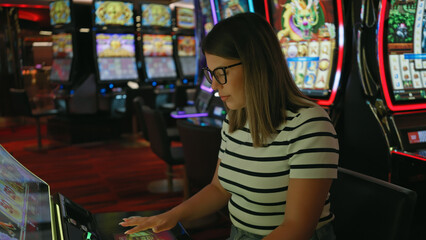 A young adult woman plays a slot machine in a vibrant casino setting, evoking themes of gaming and...