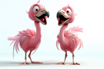 An Adorable 3d rendered cute happy smiling and joyful two baby Flamingo cartoon character on white backdrop