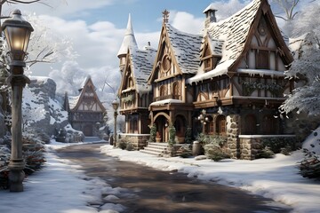 Winter village in the snow. Panoramic image of a winter village.