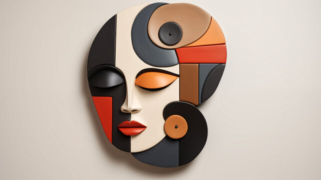 Abstract geometric face sculpture in orange, black, and beige colors on a beige background. Modern art wall decoration for interior design. Studio shot.