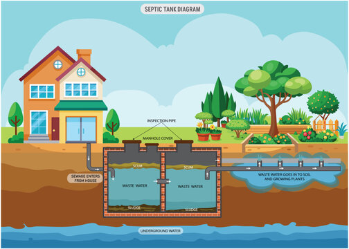 A septic tank diagram shows the tank chambers, inlet, outlet, baffles, and drain field