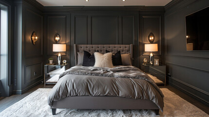 Dramatic bedroom, dark gray walls, mirrored nightstands.