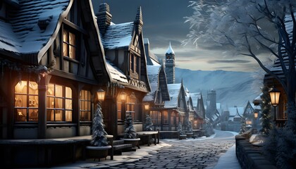 Winter night in the village. Beautiful winter landscape with a snowy village.