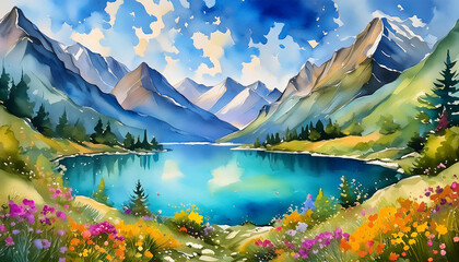 Watercolor painting of mountain landscape with blooming flowers and blue lake. Natural scenery