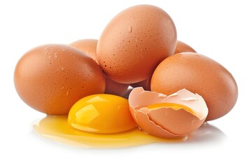 Several brown eggs with one cracked open isolated on white background, revealing a vibrant yolk, signifying natural freshness and quality