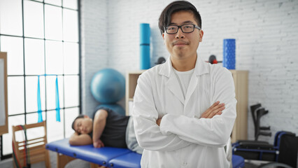 A confident male physiotherapist with crossed arms stands in a clinic, a patient resting on a...