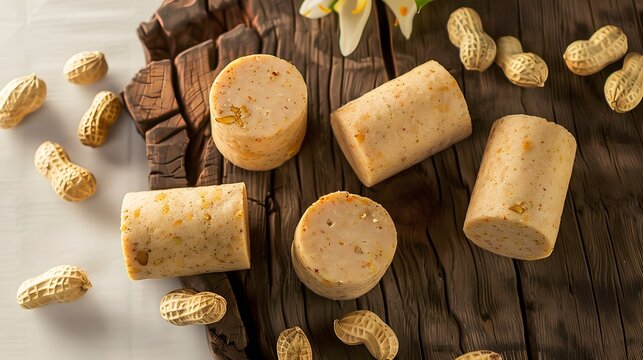 Pa&ccedil;oca or Pacoca, Close-up of traditional peanut bars with whole peanuts on a rustic wooden background, capturing a delicious and natural snack.