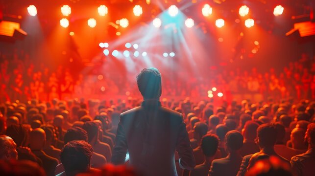 Illustrate the energy and excitement of a live stage pitch event with a dynamic tilted angle view of a charismatic speaker captivating the audience