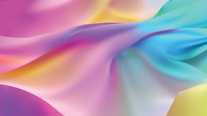 Fototapeta premium Dreamy pastel abstract fluid background with light blue, pink and yellow. Vivid rainbow colors colorful smooth waving silk textured wallpaper background banner.