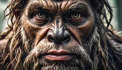 Closeup of  the folklore creature big foot. Eyes bright looking right at you. 