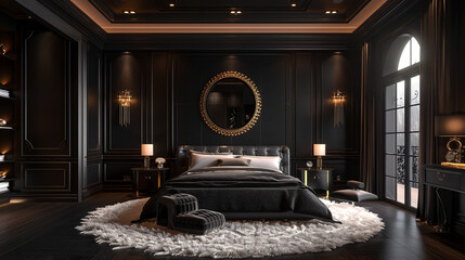 Luxurious bedroom, black walls, plush white rug.