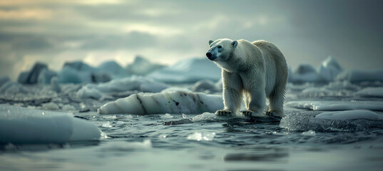 Polar bear, ice bear on an arctic shore, surrounded by melting icebergs, floes and arctic glaciers. Symbol of climate change, global warming. 