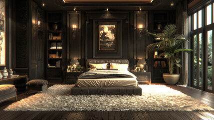 Luxurious bedroom, black walls, plush white rug.