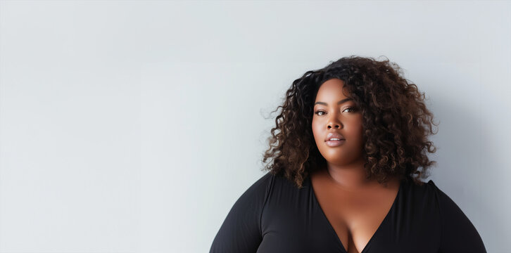 A woman with curly hair and a large bust stands in front of a white wall. Beautiful African American brunette plus size model wearing the black dress portrait. Body positivity and diversity