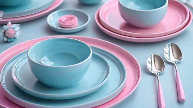This Blue and pink dinnerware neatly arranged on a table. Blue and Pink Dinnerware Set on Table